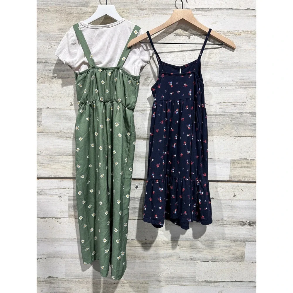 Lily Bleu Old Navy Girls Size 10 Green Navy Pink Floral Jumpsuit Dress Top EUC